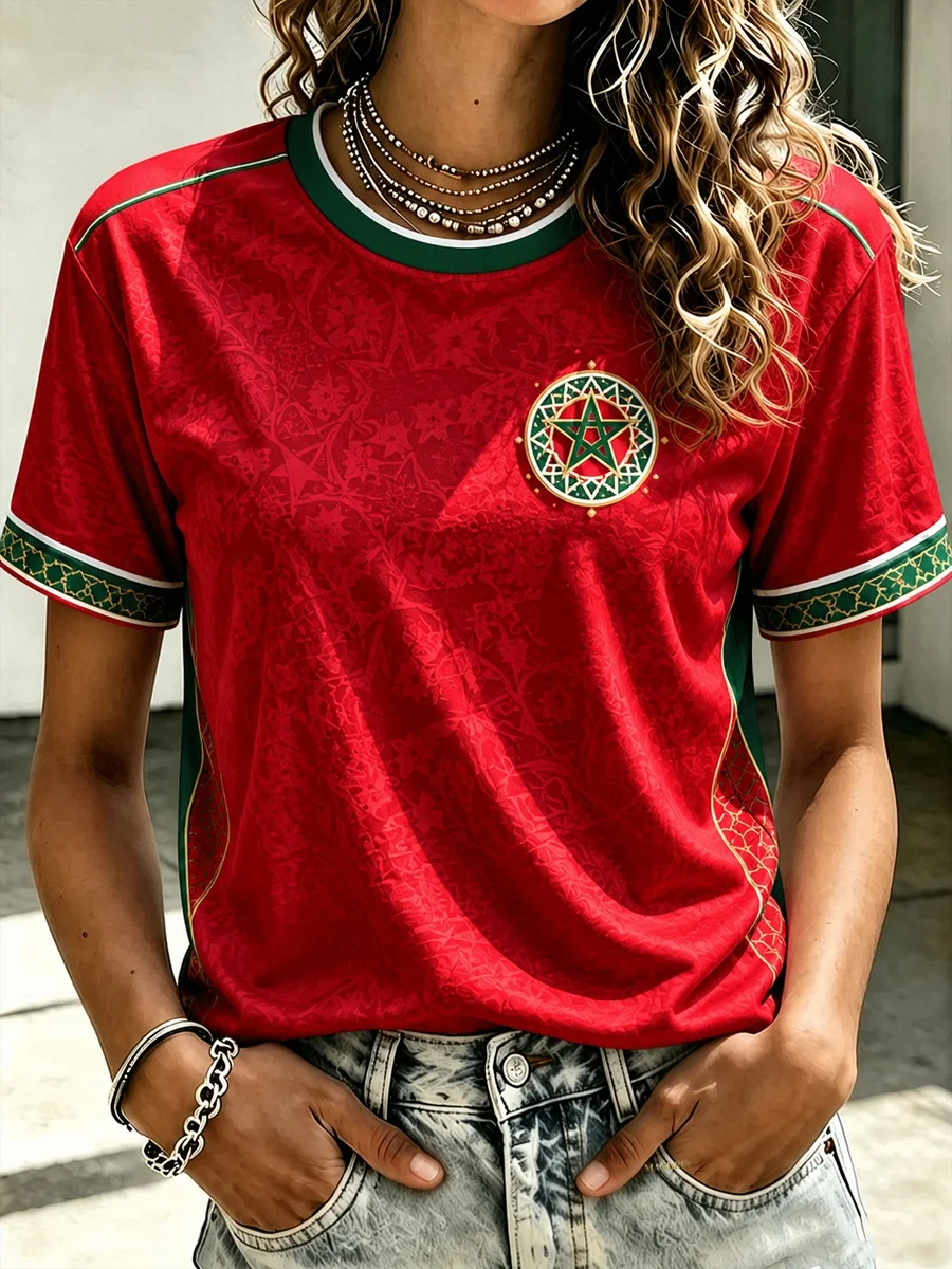 Women Morocco Football Jersey 2026 NEW Classic Style Ethnic Pattern  Jersey  Red‑Green Short Sleeve Fan Sports Family Kids Tees