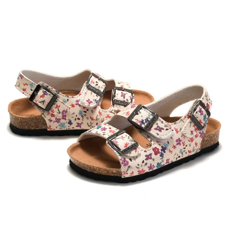 

New Summer Kids Sandals Soft Non Slip Shoes Floral Print Children Cork Sandals Soft Slides Girls Beach Shoes Baby Walking Shoes