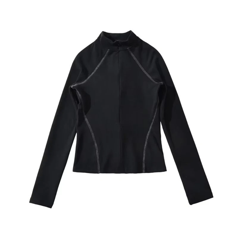 Fashion New Solid Color Commute Half High Collar Zipper Spliced Long Sleeve Slim T-Shirts Odzież damska Tops Jesień Zima