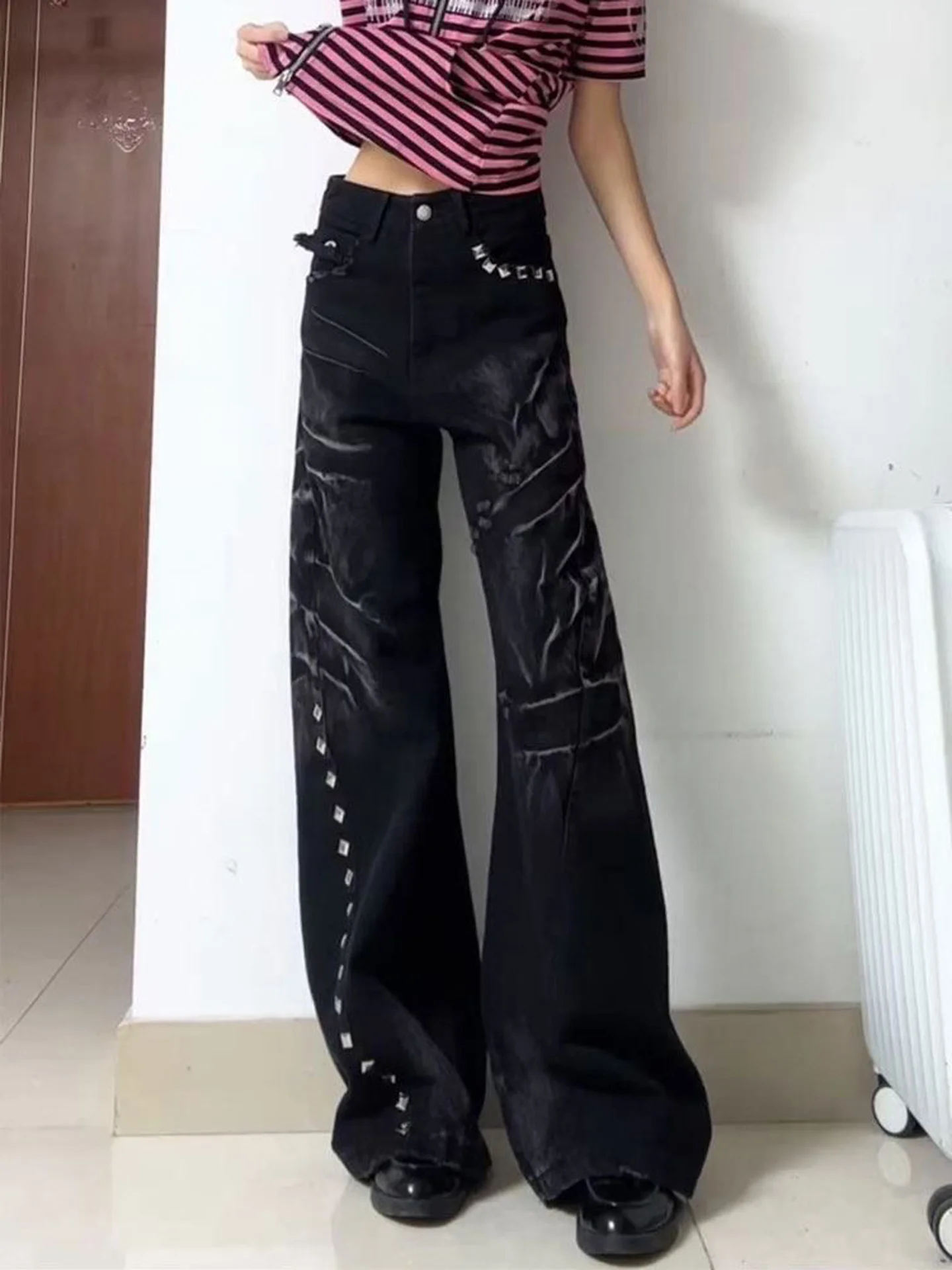 American High Street Style Black Denim Jeans Women's Dyed Gradient Washed Folded Rivet High Waist Draping Micro Flared Floor-...