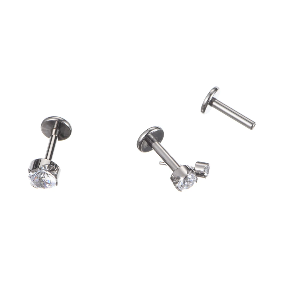 QM 18G ASTM F136 Titanium Threadless Set Prong Clear Zircon Labret Helix Tragus Flat Earring Piercing Body Jewelry