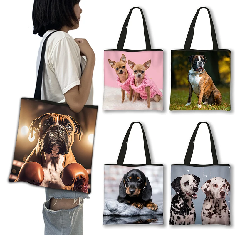 Kawaii Dalmatian Boxer Dog Print Shoulder Bag Women Chihuahua Dachshund Shopping Bags Reusable Tote Bag Fashion Shopper Bags