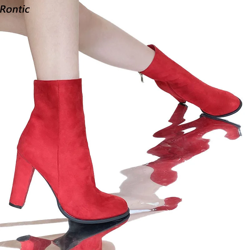 

Rontic Handmade Women Winter Ankle Boots Faux Suede Side Zipper Chunky Heels Round Toe Elegant Black Casual Shoes US Size 5-20
