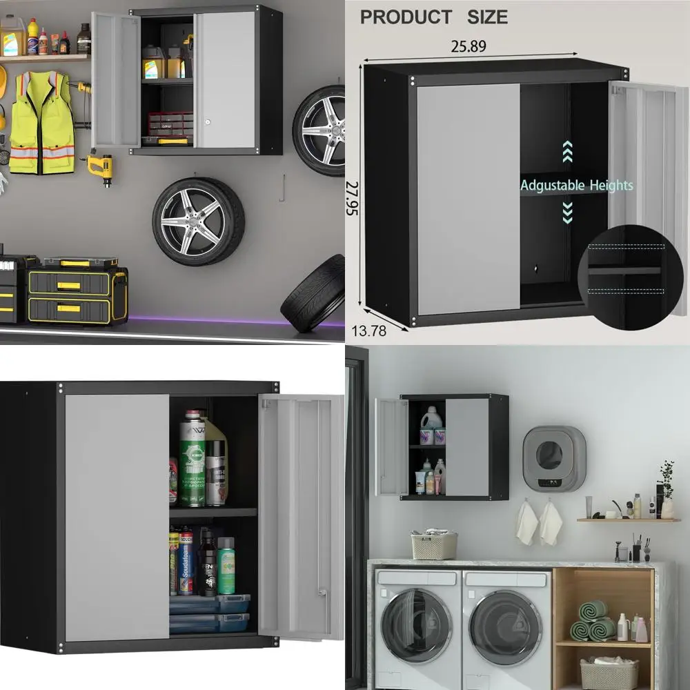 

Durable 2-Door Garage Storage Cabinet with Lockable Wall Mount and Adjustable Shelves for Basement, Workshop, School - Grey-Blac