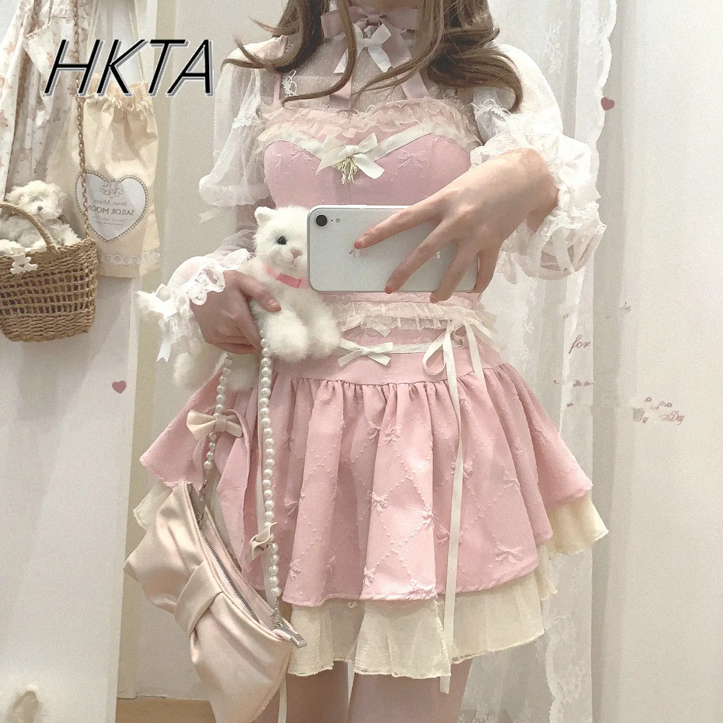

Sweet Pink Suspender Vest Skirt Two Pieces Sets Women Sweet Cute Lace Bow Princess Short Top Kawaii Pleated Skirts Lolita Girls