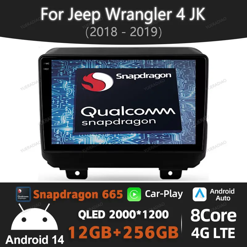 Android 14 Car Radio For Jeep Wrangler 4 JL 2018 2019 Viedo Player Wireless Carplay Auto Stereo 2DIN Multimedia NAVI Gation BT