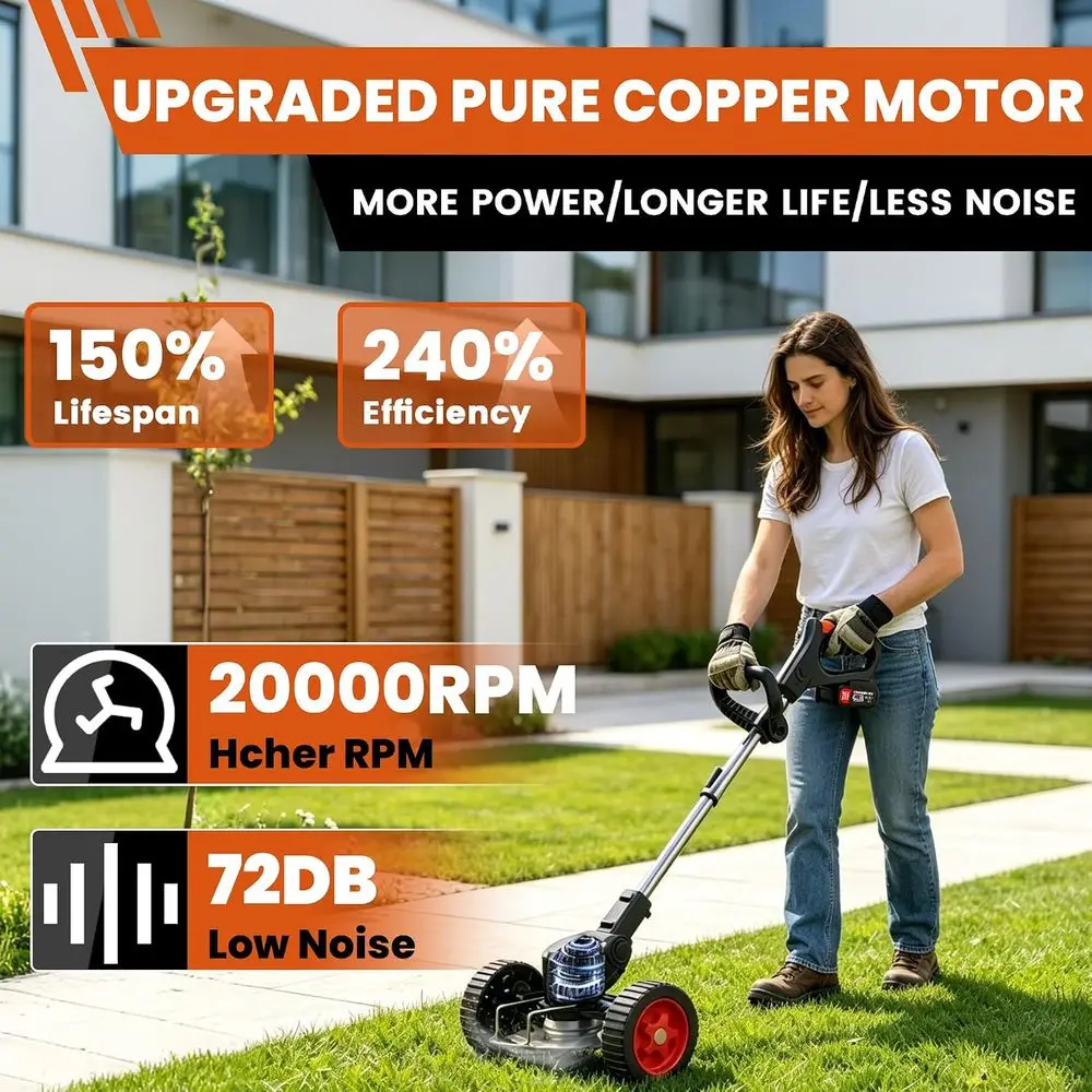 Electric Weed Wacker Cordlwith Wheels,21V Lightweight Electric Weed Eater attery Powered,4 in 1 Grass Trimmer/rush Cutter/Lawn E
