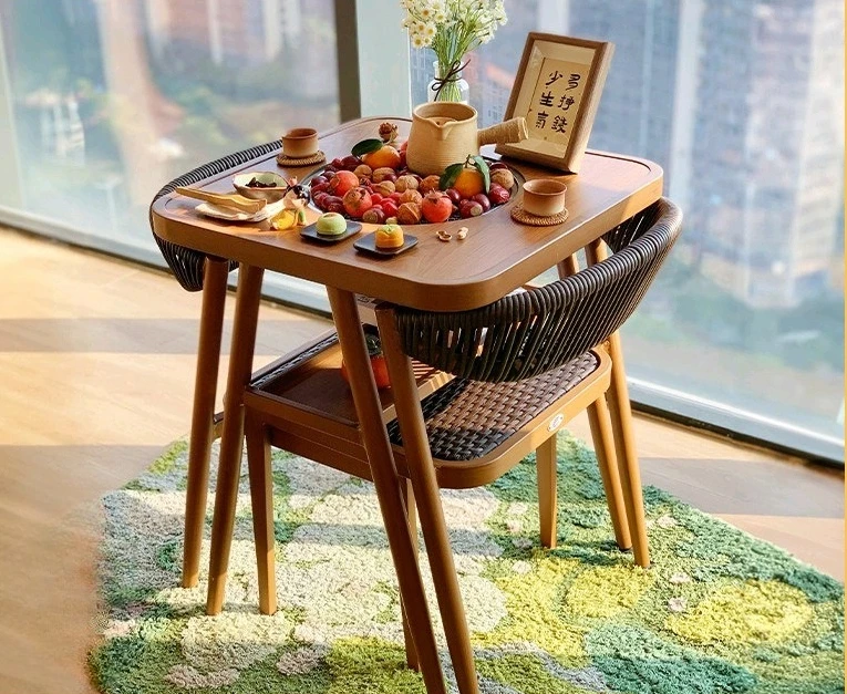 Balcony small tables and woven and chairs surrounding stove brewing tea one tabl two  Internet celebrity home outdoor