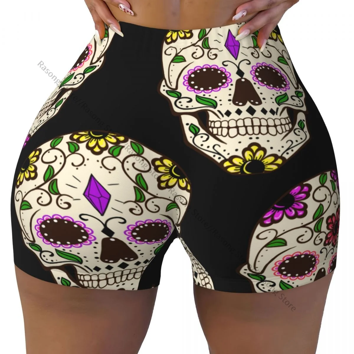 Yoga Shorts Day Of The Dead Skull Women Biker Tight Elastic Workout Sports Leggings Sportswear