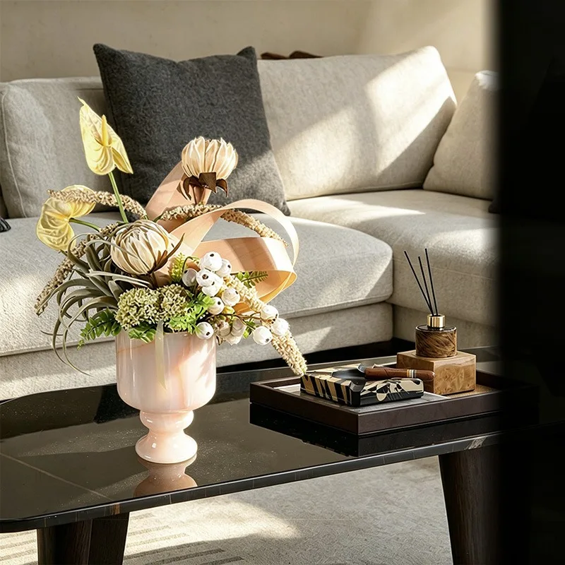 Luxury Natural Jade Decorative Vase, Tall Stem Floral Container, Soft Furnishing Display Piece for Villa, Showroom & Clubhouse