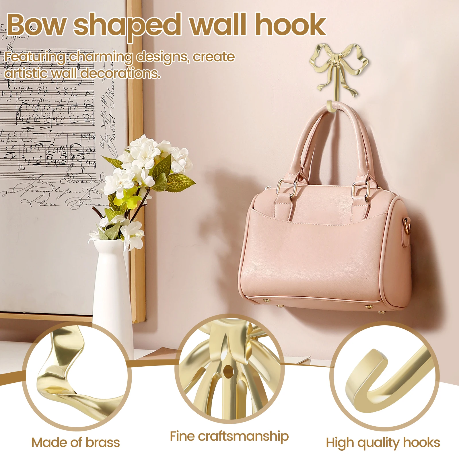 2 Pcs Bow Hook with Bowknot Wall Brass Mounted Gold Bow Shape for Wall Hook Modern Functional Decorative Luxury Home Bedroom