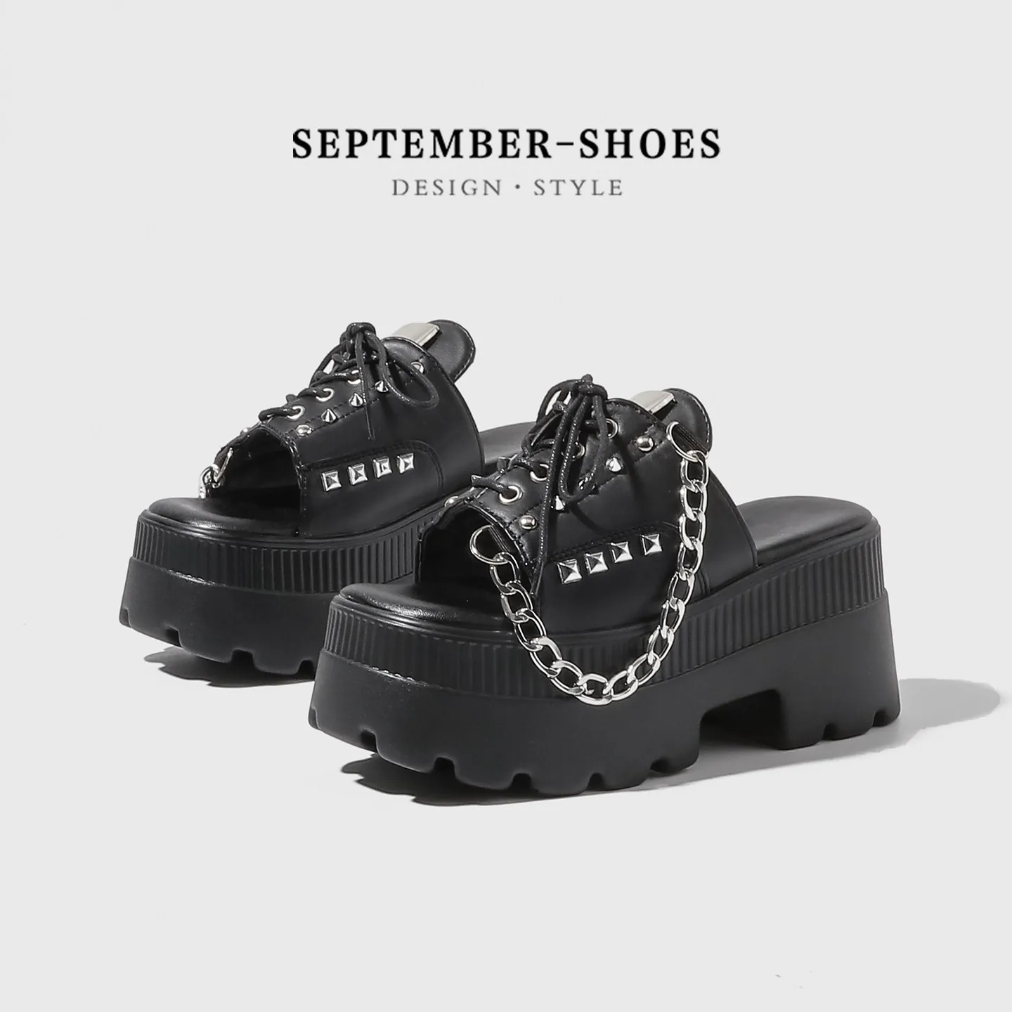 Y2k Gothic Punk Women Platform Slide Sandals Studded Chain Decor Lace‑up Thick Sole Open Toe Slippers Outdoor Street Fashion Mul
