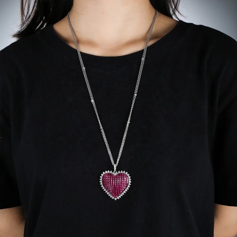 Double Chain Red Heart Shape Sterling Silver Necklace 18k Gold Plated Ruby CZ Diamond Necklace Women Wholesale Jewelry image 4