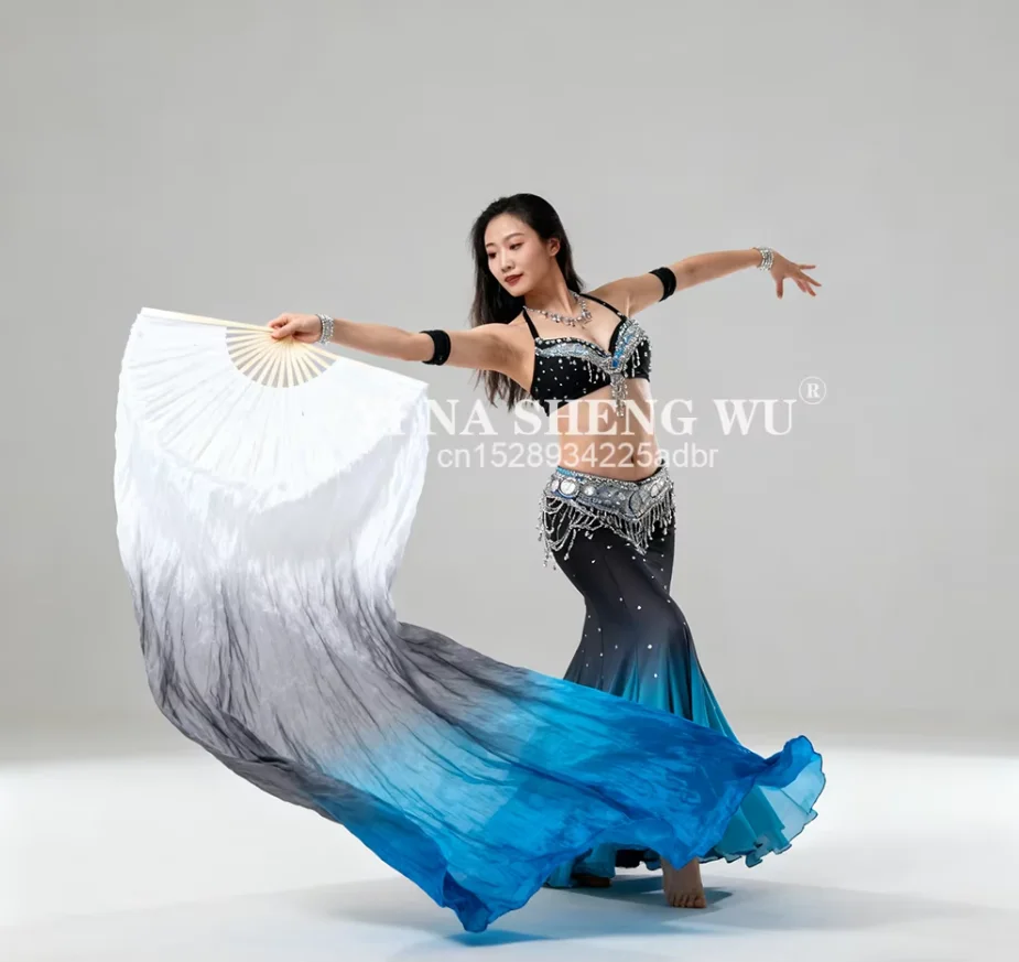 New Professional Bellydance Silk Fans Light Weight 100% Silk Fan Hand Paint Colorful Dancer Performance Props Extra Long Flowy