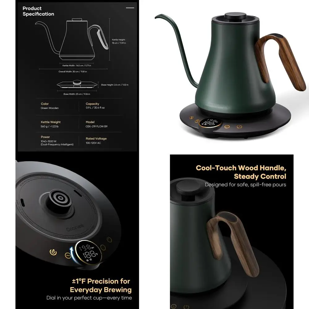 

Электрический чайник на гибкой стойке с точным контролем температуры для заваривания кофе и чая, нержавеющая сталь, 0,9 л, быстрое кипячение, Delacroi