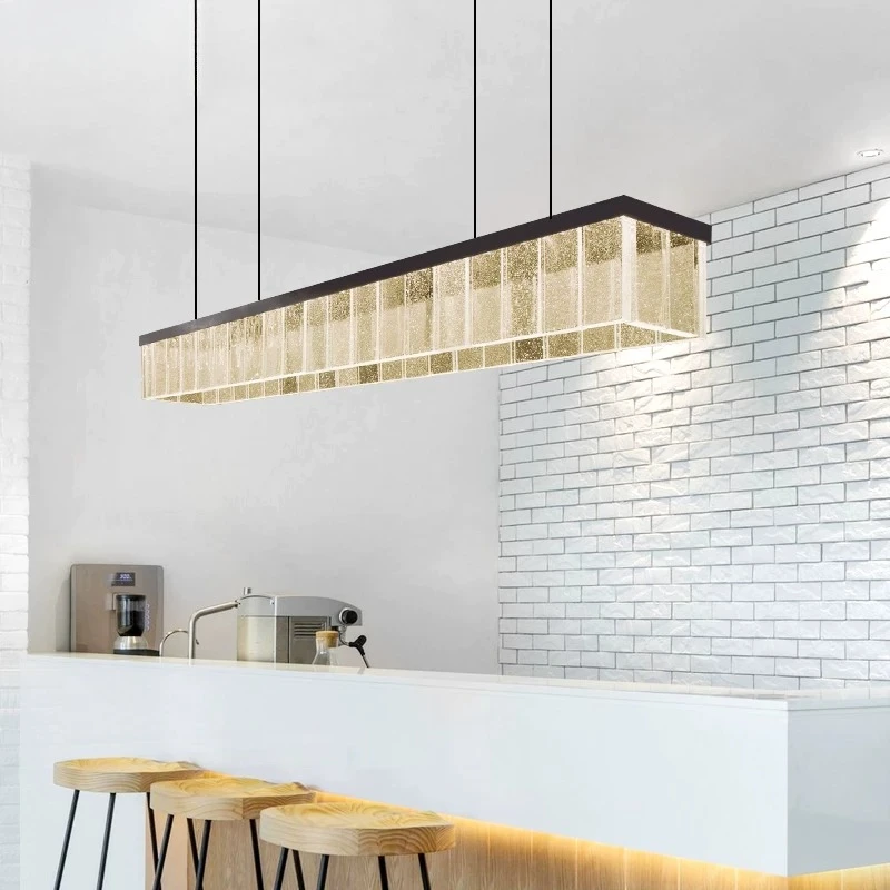 Modern Linear Gold Foil Glass Chandelier Black Frame LED Pendant Light Hanging Lamp for Kitchen Island  Bar Counter