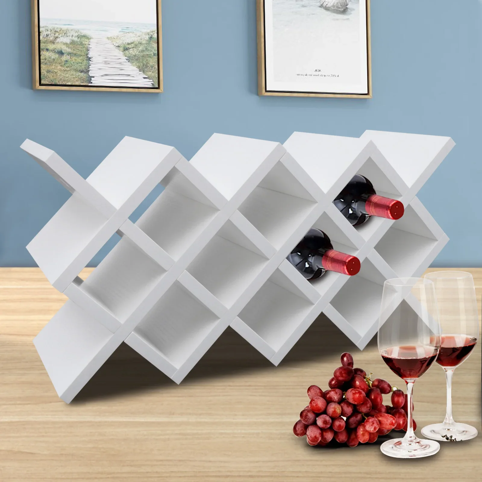 

10-Slot Wall Mounted Wine Rack, Space Saving Wooden Wine Bottle Holder for Kitchen, Bar, Countertop, White Wood Wine Shelf