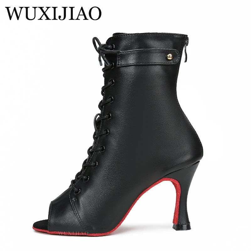 Black high top Latin shoes dance shoes women\'s jazz boots high heels indoor soft soles modern steel pipe dance shoes lace up