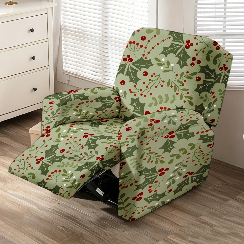Soft Sage Green Holly Berry Recliner Chair Cover Stretch Spandex Recliner Slipcover Minimalist Christmas Living Room Decor