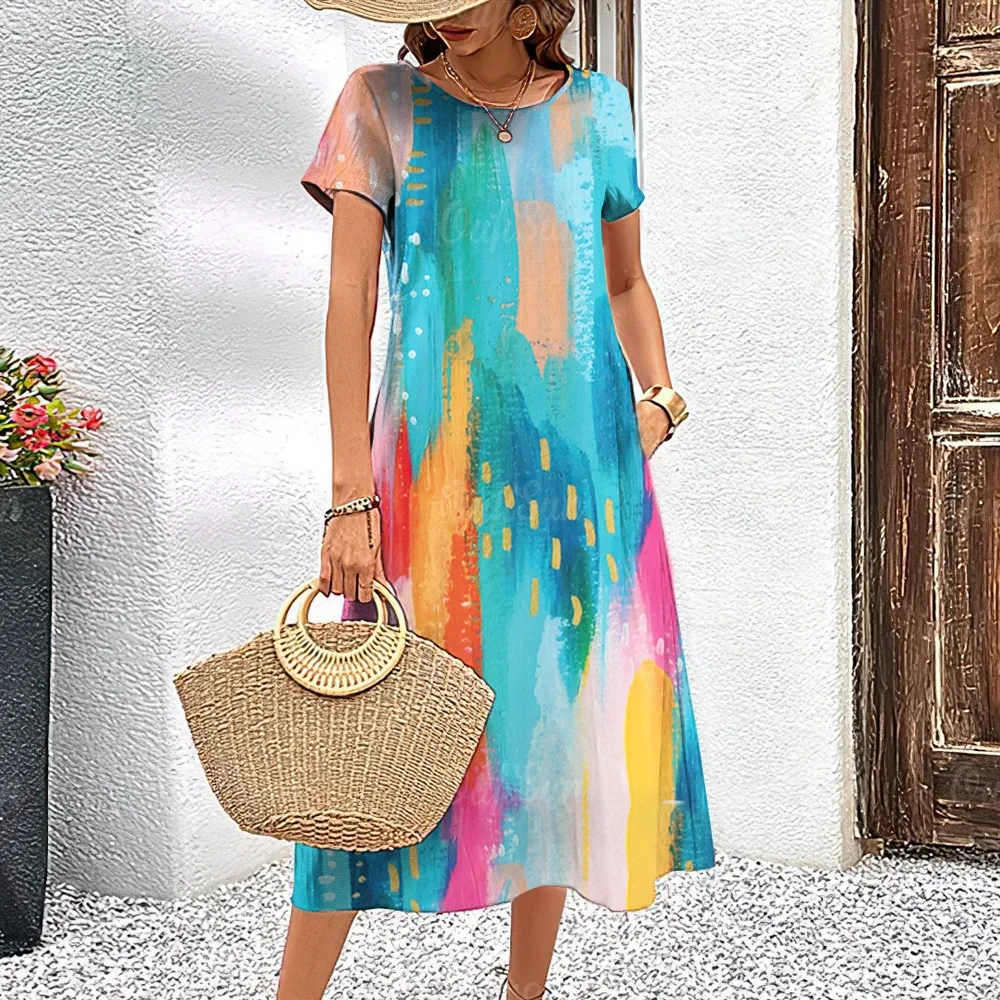 Women’S Dresses Colorful Printhing Dress Elegant Short Sleeves Clothing Retro A-Line Skirt Summer High Street Women's Clothing