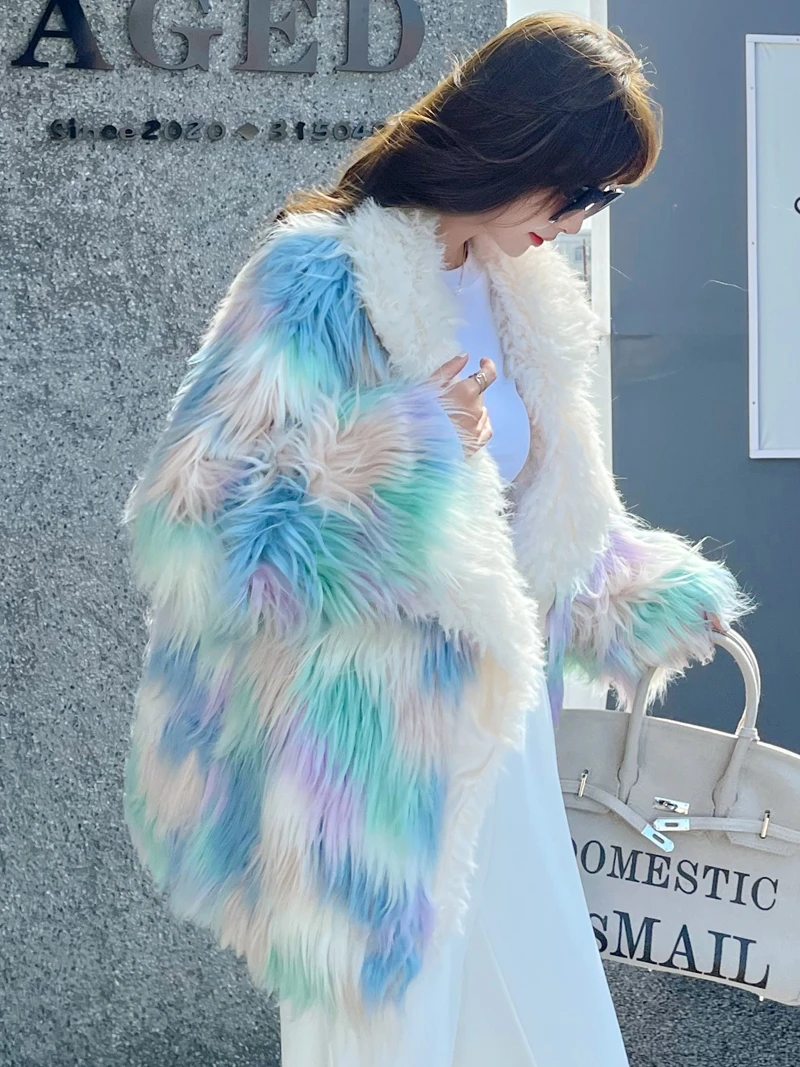 2022 Winter Thickened Women's Fashion Elegant Fur Mid-Length Jacket Ladies Streetwear Trend Suit Lapel Ice Cream Blue Furry Coat