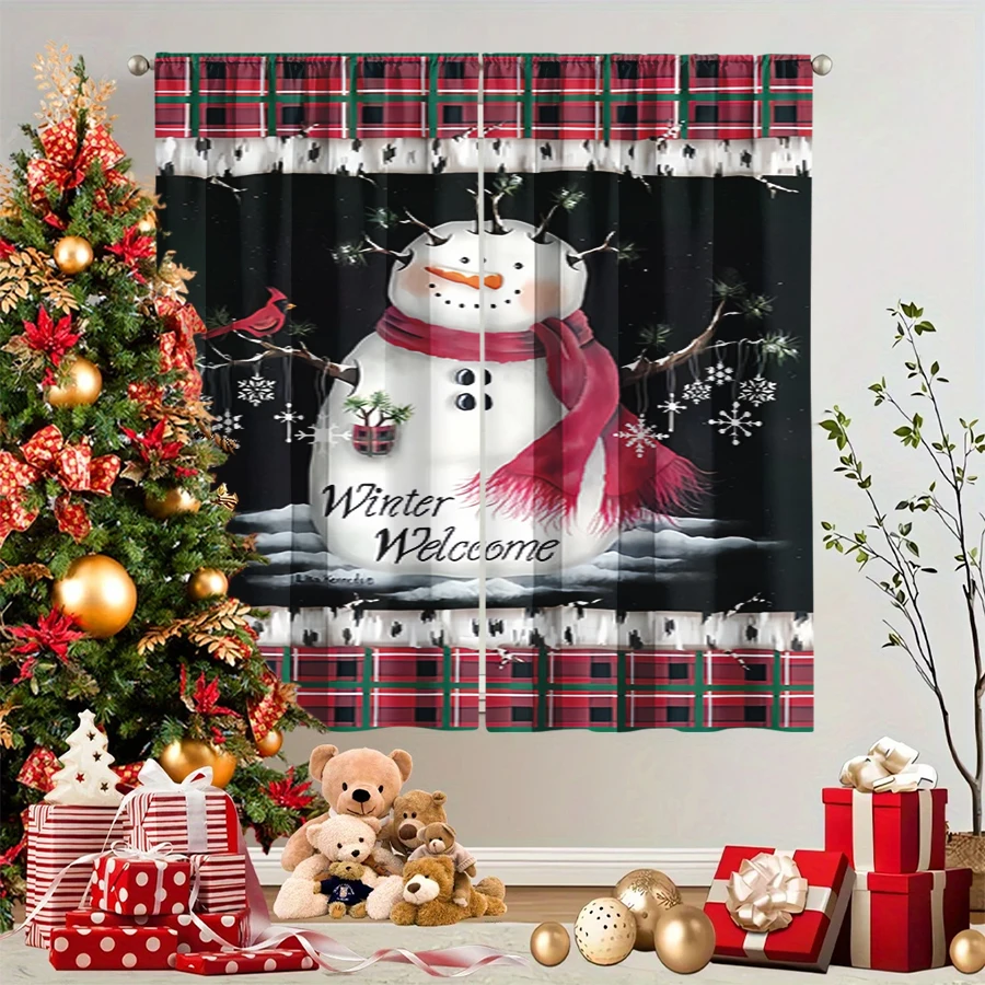 2PCS Christmas Winter Curtains, Plaid Snowman Scarf Robin Winter Welcome Black, Digital Print, Bedroom Living Room, Home Decor