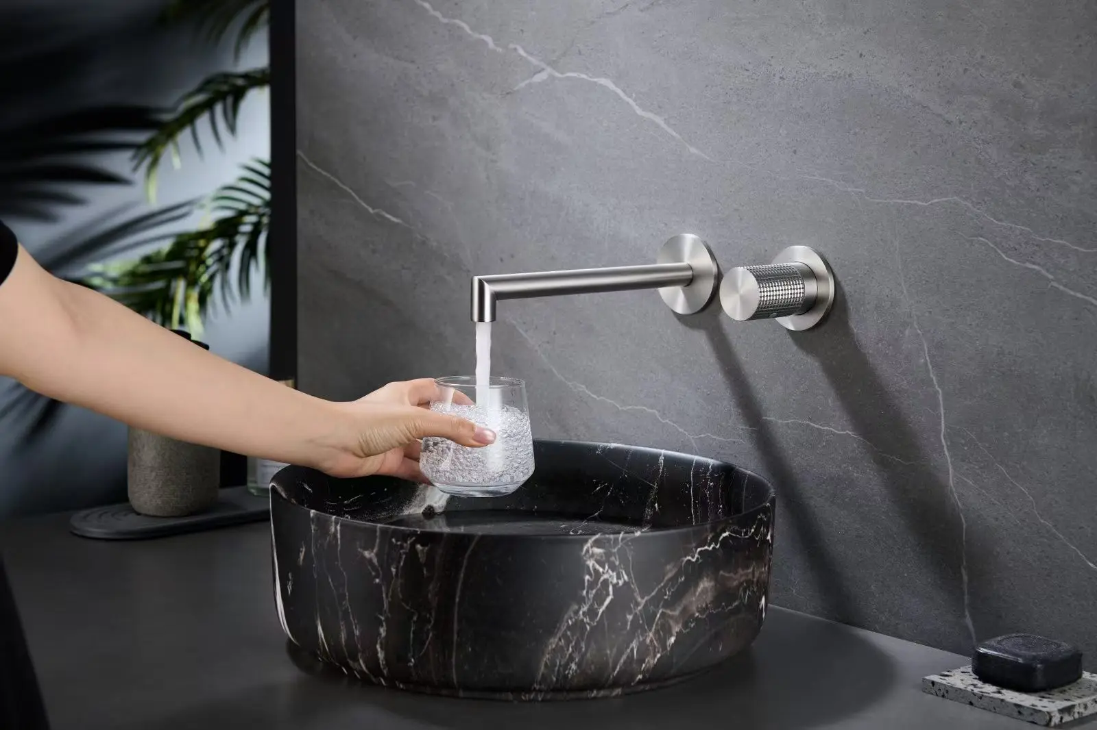 Brushed Nickel Brass Concealed Basin Faucet,Hot Cold Water Single-Handle Control,Extended spout Bathroom Sink Tap