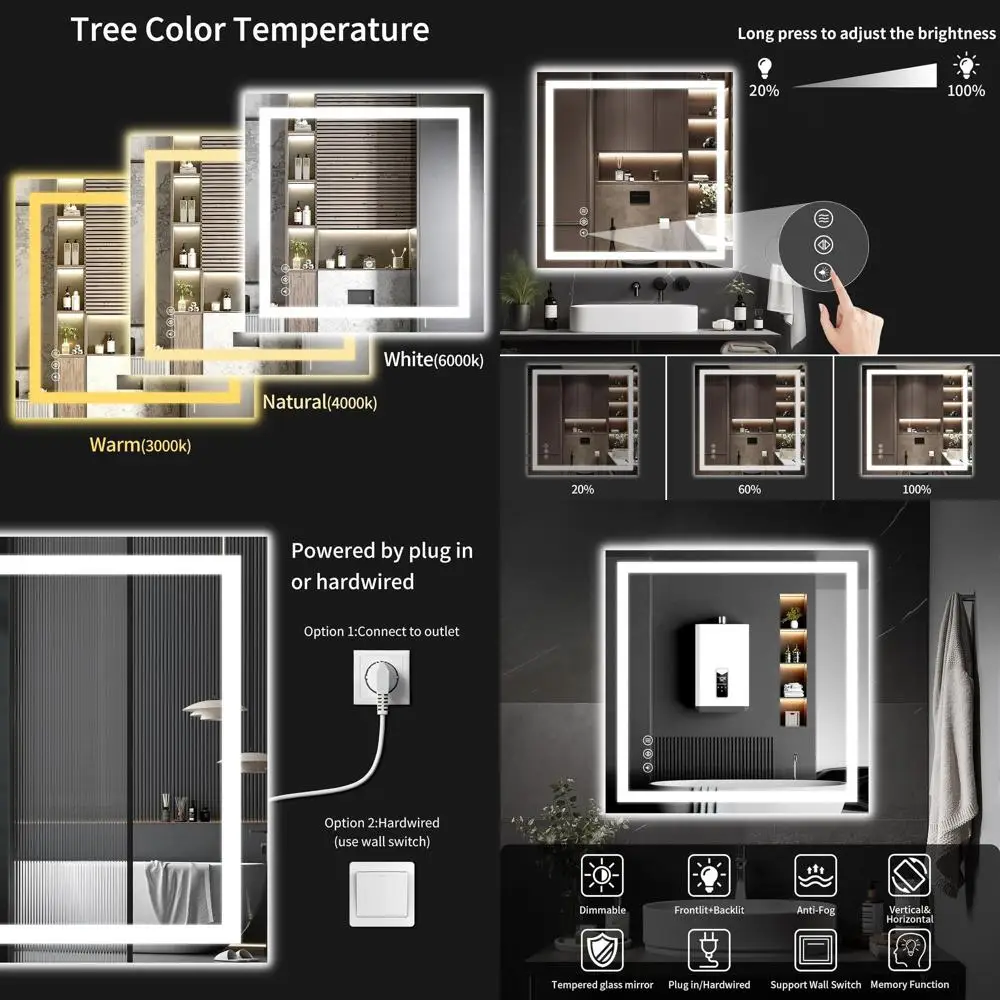 

32 LED-Illuminated Bathroom Mirror, 3 Color Options, Anti-Fog, Dimmable for Vanity, Entryway, Living Room