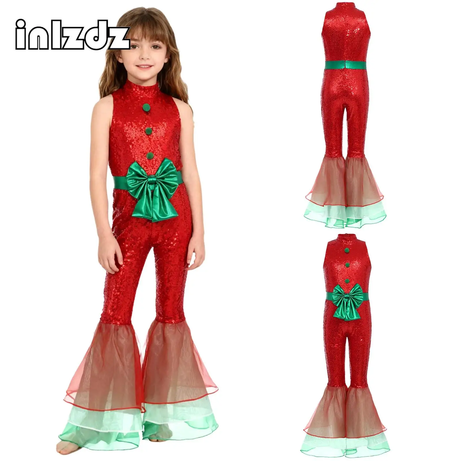

Girls Christmas Festival Jumpsuit Sleeveless Sequin Pompom Bowknot Decor Tiered Flared Legs Jumpsuit for Holiday Birthday Party