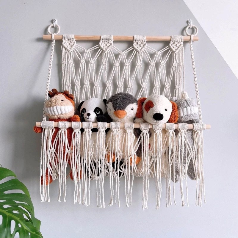 Single Layer Handmade Macrame Wall Hanging Decor Boho Vintage Baby Toys Storage and Displaying Holder Wall Rack Baby Room Decor