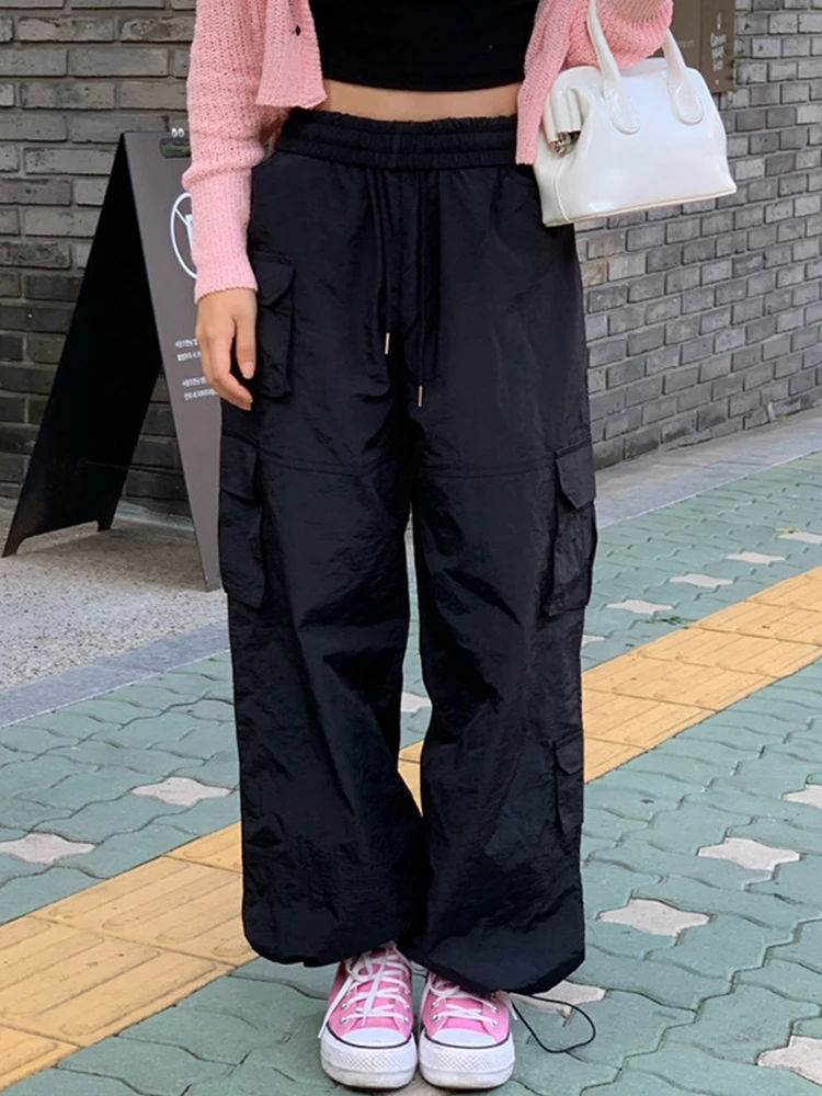 

2023 y2k Fashion Elastic Waist Cargo Pants Summer Breathable Thin Street Multi-Pocket Low Waist Drawstring Pant Women