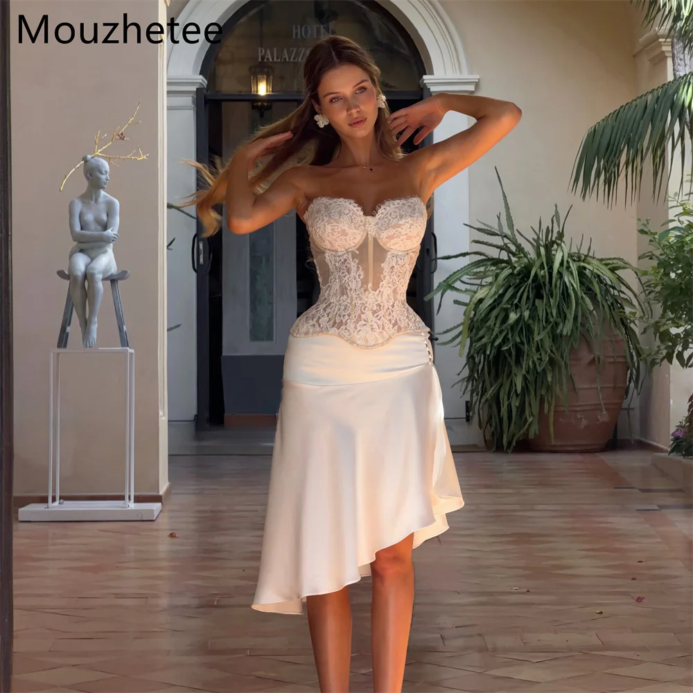 Mouzhetee A-Line Elegant Lace Strapless Wedding Dresses Simple Backless Sleeveless Brides Gown Custom Made 2026