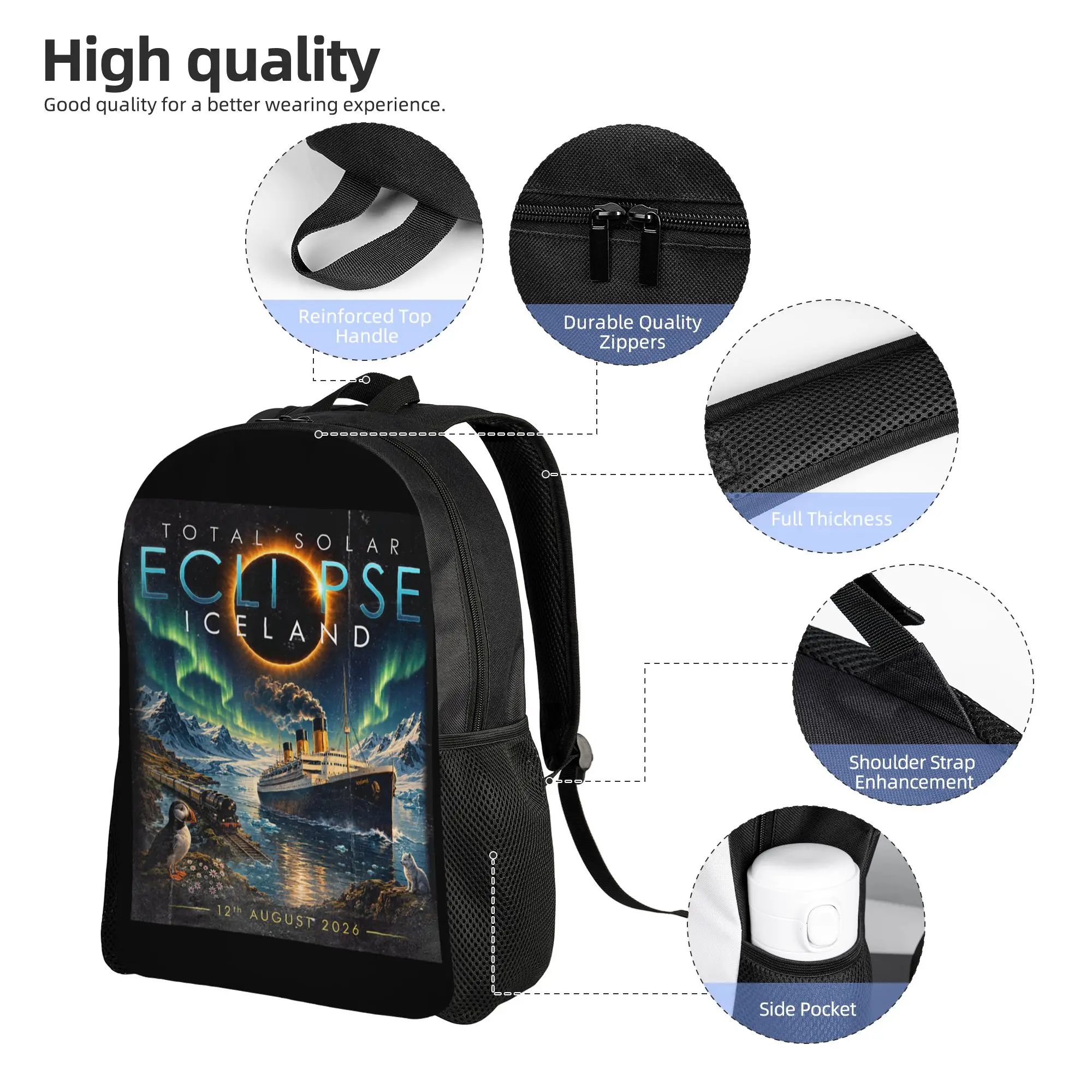 Total Solar Eclipse Iceland Emblem Puffin Cruise Backpack for Men Women Fashion High School Daypack  College Canvas Bags