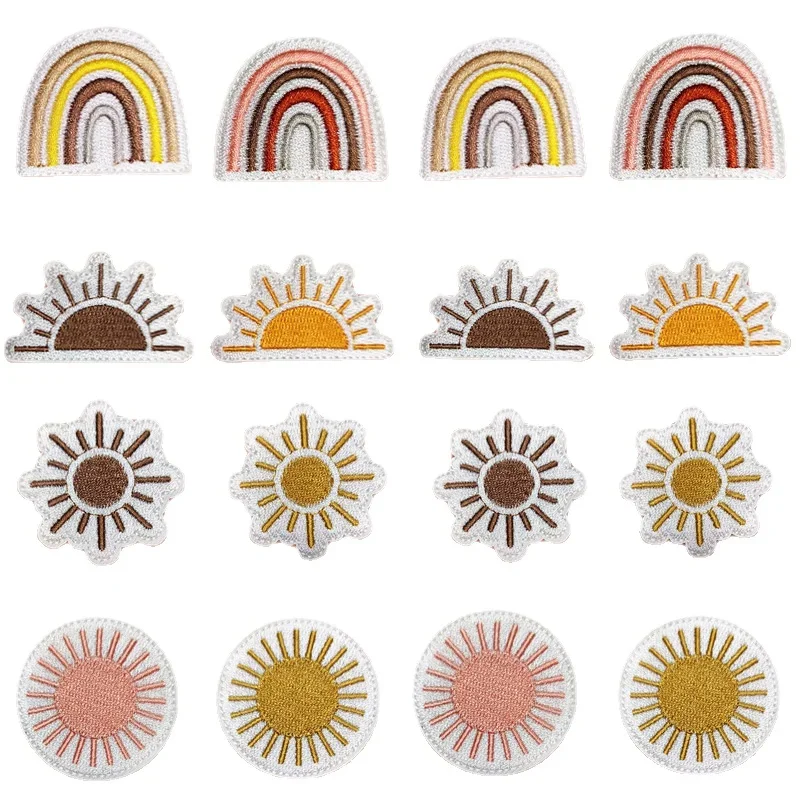 Cartoon Rainbow Embroidery Iron on Patch Sunrise Badge Colored Sun Round Logo Thermo Adhesive Cloth Appliques for T-shirts DIY