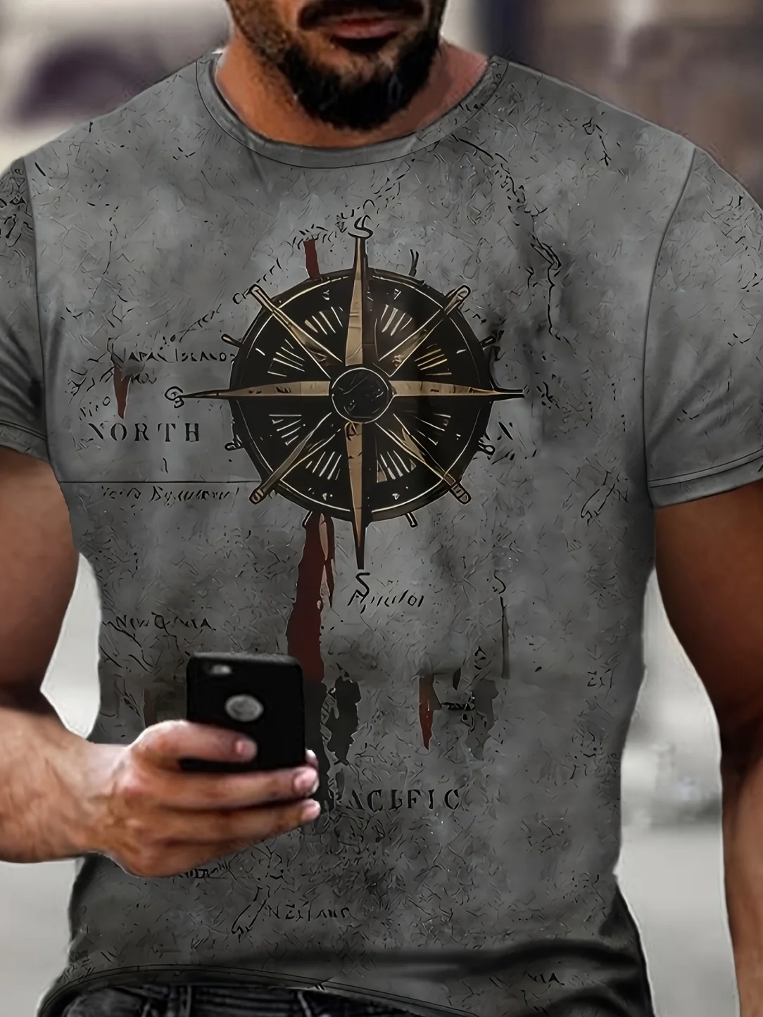 

Men's crew neck short sleeve T-shirt, motorcycle apparel, compass print, soft and breathable, fast shipping, machine washable