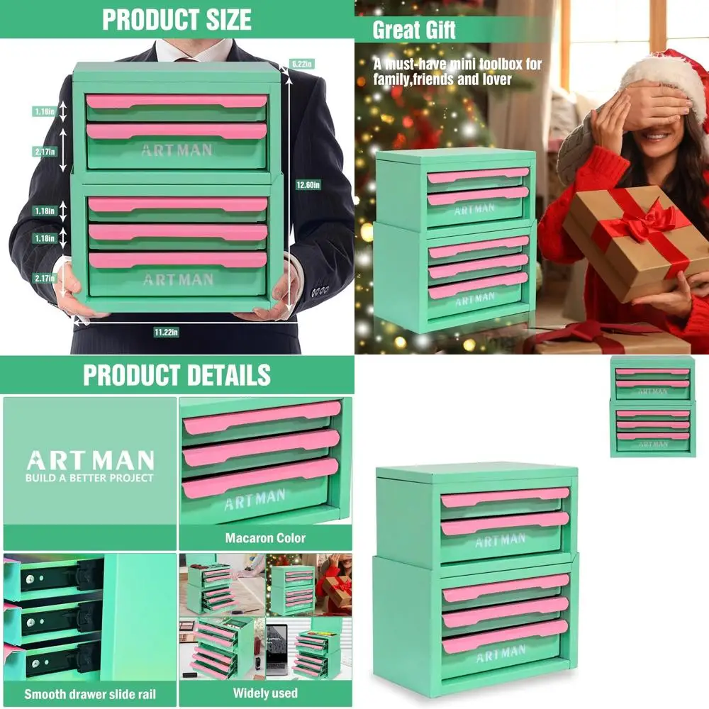 

Compact Metal Desk Organizer with Stackable Storage for Small Tools and Office Supplies - Green/Pink