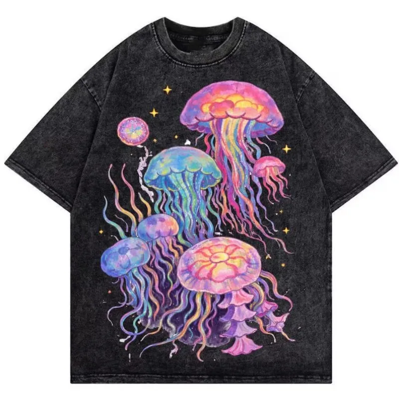 Vintage Rainbow Jellyfish Print T-Shirt Psychedelic Watercolor Marine Life Tee Casual Loose Fit Short Sleeve Top for Men Women