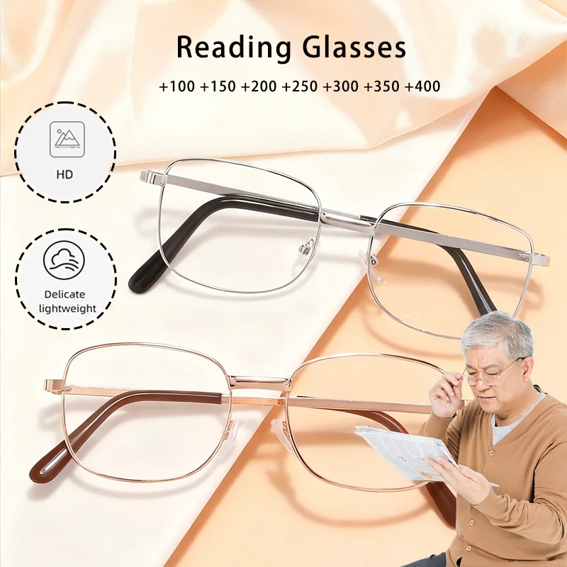Klassische Lesebrille mit quadratischem Metallrahmen, modisch, HD, hochwertig, Anti-Ermüdung, tragbar, Presbyopie, Dioptrien +1,0 bis +4,0
