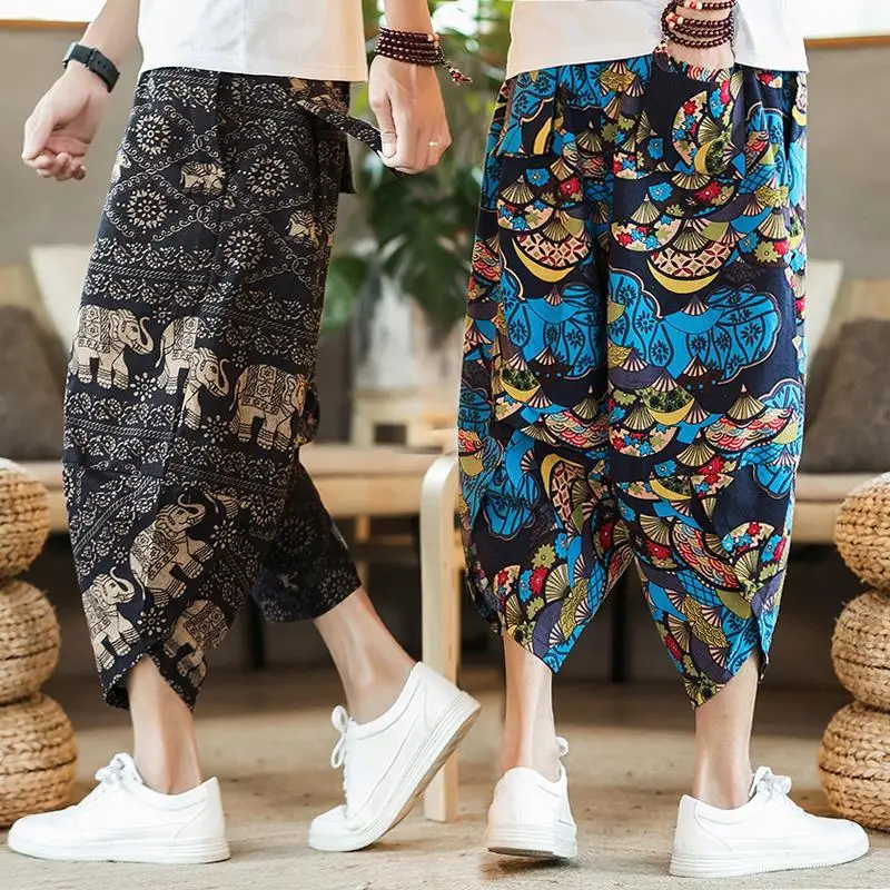 

Large Size Seven-Foot Pants Thai Sle Beachwear Men's Loose Fit Cotton Trousers Myanmar Dai People's Carrot Pants orts