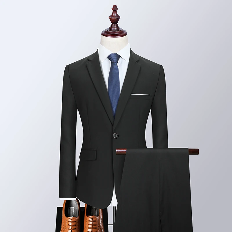

High-quality fashion handsome solid color (suit + trousers) British style men business casual wedding two-piece set
