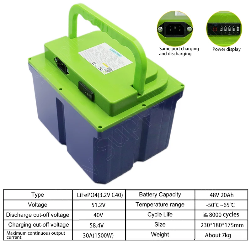 48V 20Ah C40 LiFePO4 battery pack 16S 1500W With 30A BMS For E-motorcycle scooter tricycle Portable power supply With 5Acharger