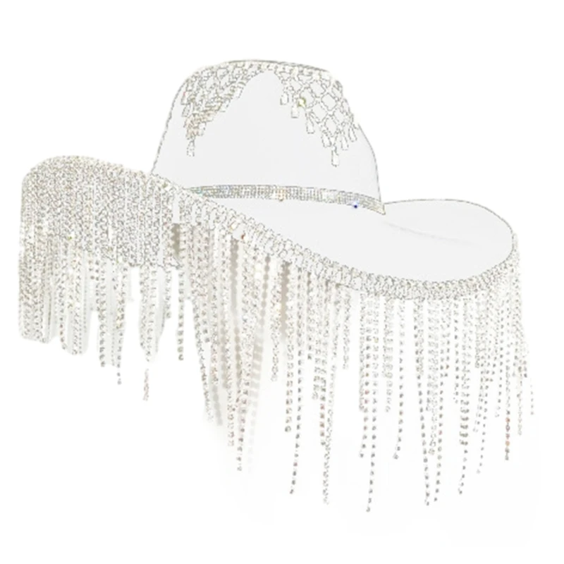 Fashion Rhinestones Tassels Hat for Women Musical Festival Cowgirl Hat Large Brim Female Birde Hat PartyWear Drop Shipping