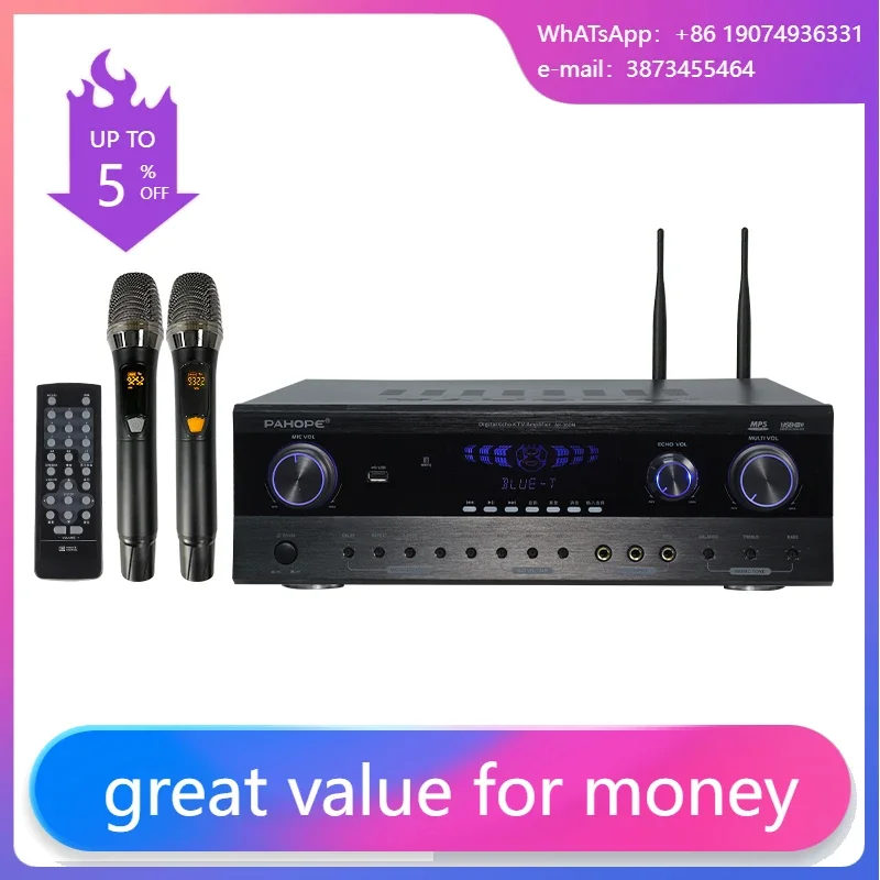 

Home KTV Karaoke Amplifier, DSP 2.0 Channel Audio Receiver, Support USB Function, With Wireless Microphone