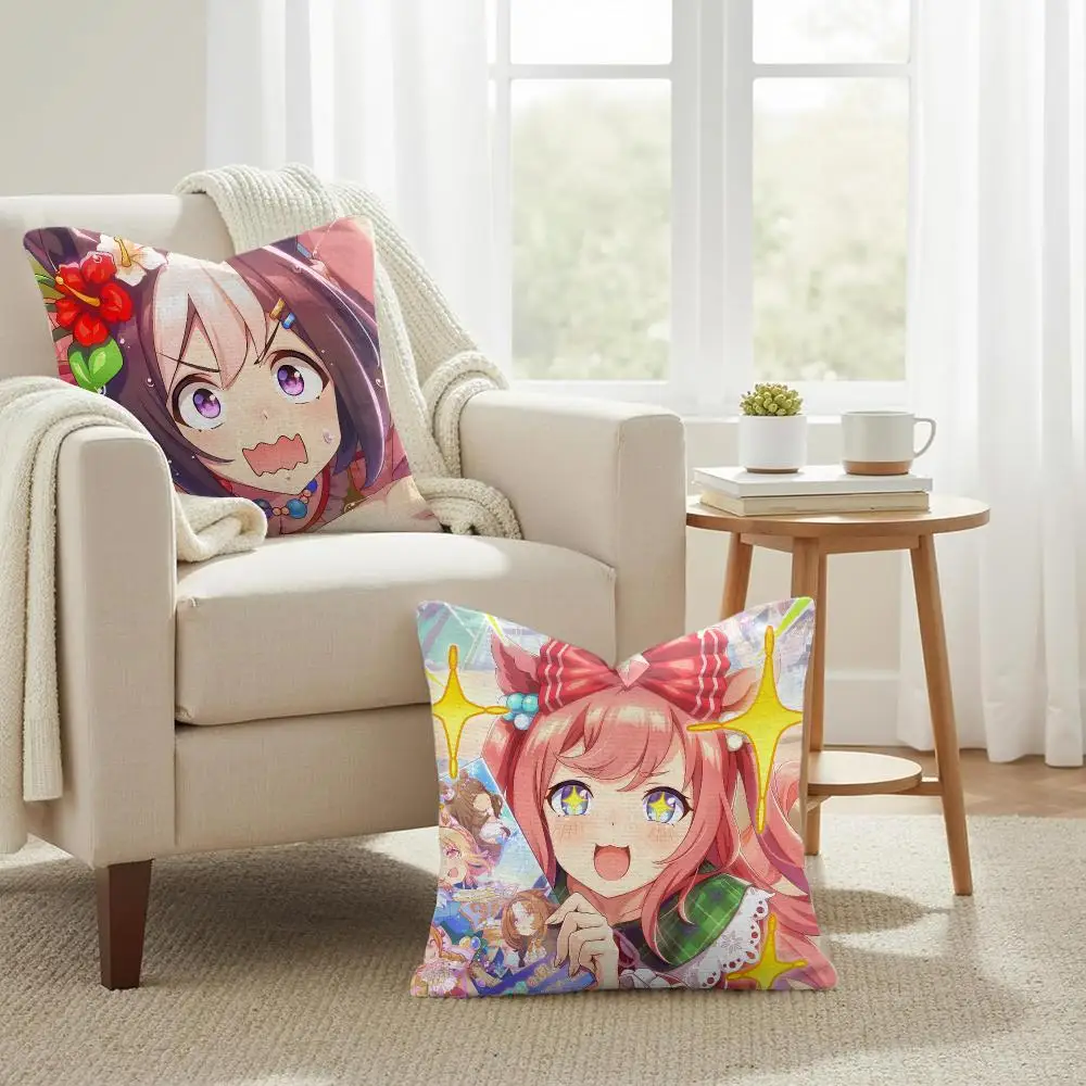 Anime U-Umamusume Pretty Derby Cushion Cover Natural Linen Organic Fabric Double-Sided Printing Sofa Home Decor Gift Pillow Case