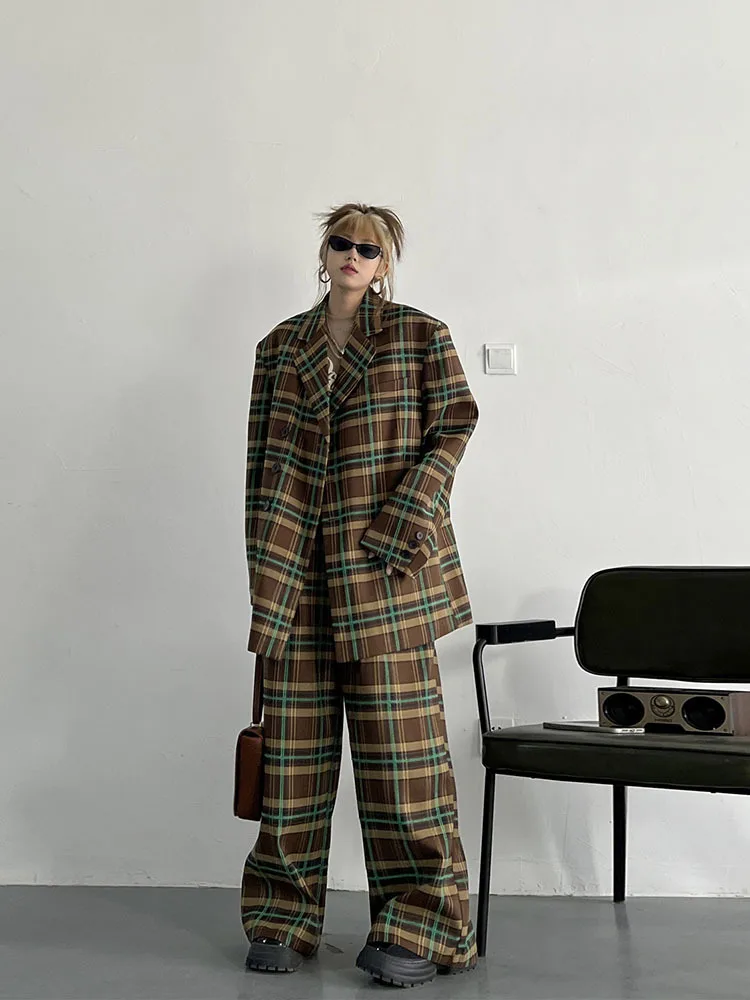 Vintage Colorblock Patchwork Plaid Blazers +Plaid Wide Leg Pants High Street Two piece sets 2023 Spring Autumn