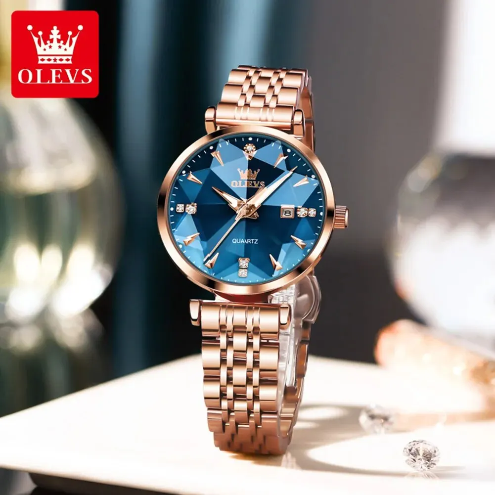 OLEVS 5536 Quartz Watch for Women Fashion Luxury Rhombus Mirror Rose Gold Stainless Steel Waterproof Luminous Ladies Wristwatch