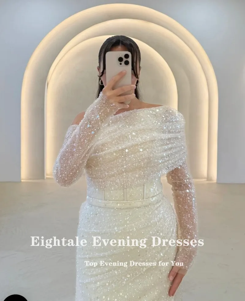 

Eightale арабское вечернее платье на одно плечо мусульманское с длинными рукавами и блестками цвета шампанского Русалка для выпускного вечера свадебные платья