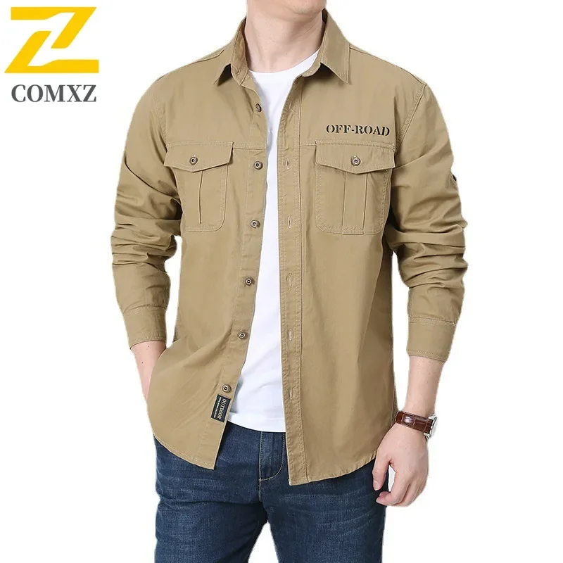 2025 Spring Shirt Men's High-end Pure Cotton Multi-pocket Cargo Shirts Sports Outdoor Camping Comfortable Long-sleeved T-shirt