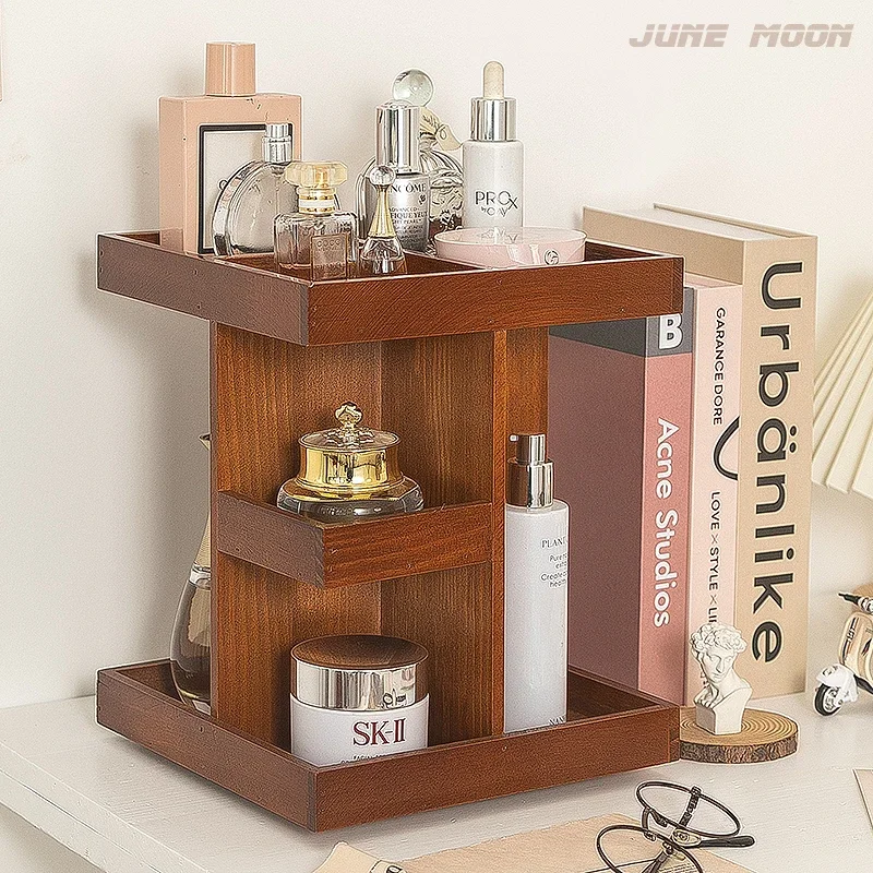 

Винтажный деревянный вращающийся органайзер для макияжа, настольный ящик для хранения косметики для ухода за кожей, губной помады, парфюмерии, вращающийся стенд