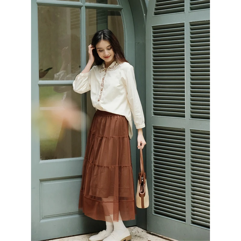 

Bukhara Original Pure Cotton Long Sve Embroidered irt Cute Sle Women's Faion Autumn Collection Top